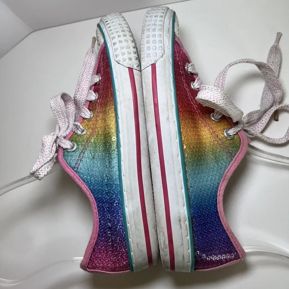 Paris Blues Sequin Rainbow Rhinestone Heart Sneakers Shoes Lace Up Girls Flats 1